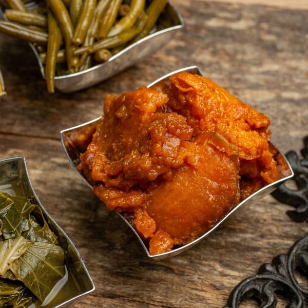 Close-up of a silver bowl filled with orange candied yams, with green beans and collard greens in the background.