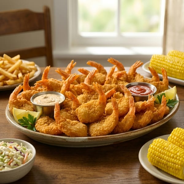 A platter of golden fried shrimp with dipping sauces, lemon, parsley, fries, coleslaw, and corn.