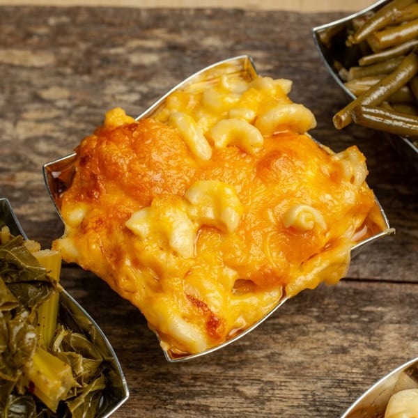 Baked mac and cheese in a metal dish, with collard greens and green beans in the background.