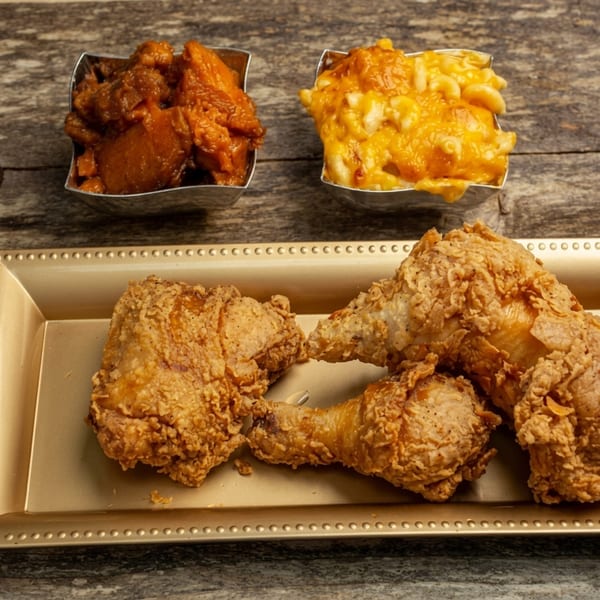 Golden fried chicken pieces on a tray with sides of mac and cheese and candied yams.