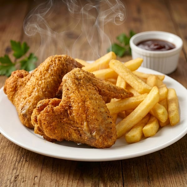 Steaming hot fried chicken wings and golden french fries on a white plate with barbecue sauce.