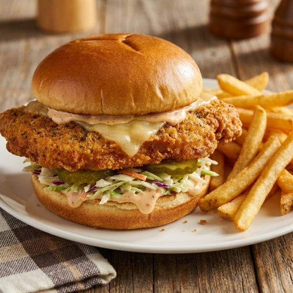 Crispy fried chicken sandwich with melted cheese, coleslaw, pickles, and special sauce, served with fries.
