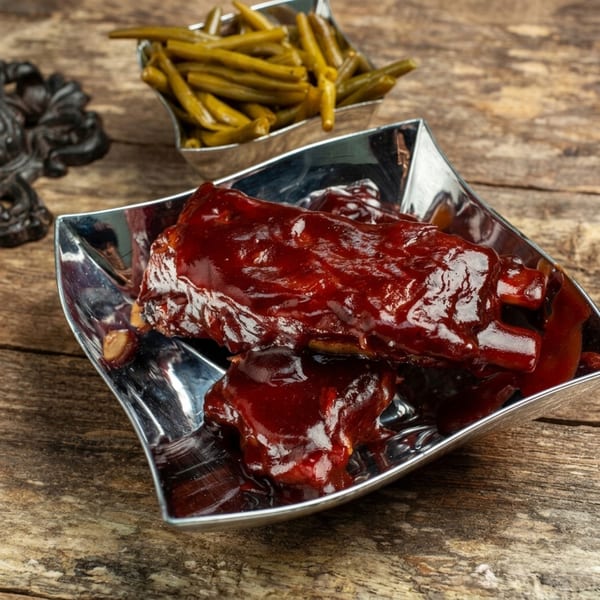 BBQ ribs drenched in sauce in a silver dish, with a side of green beans on a wooden table.
